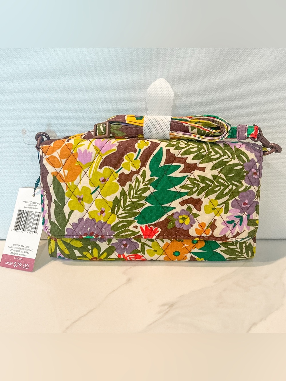 Vera Bradley Cotton Quilted Wallet Crossbody Bag Evening Garden Floral $79 MSRP